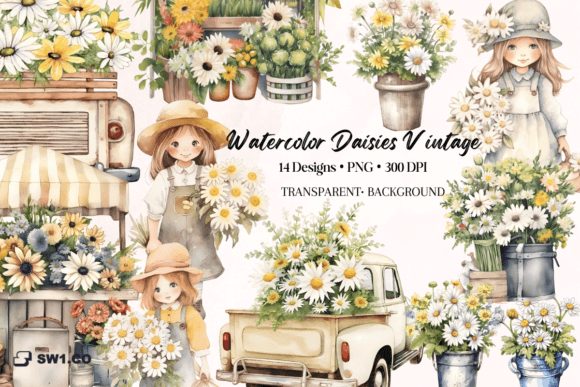 Download Watercolor Vintage Girl Daisies Clipart - Daisies Collection