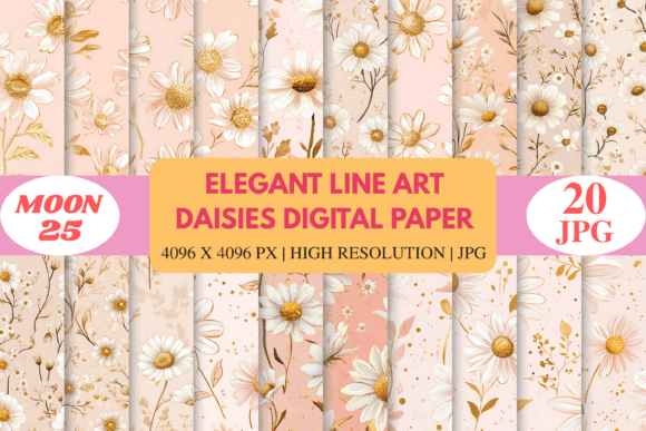 Download Elegant Line Art Daisies Digital Paper - Daisies Collection
