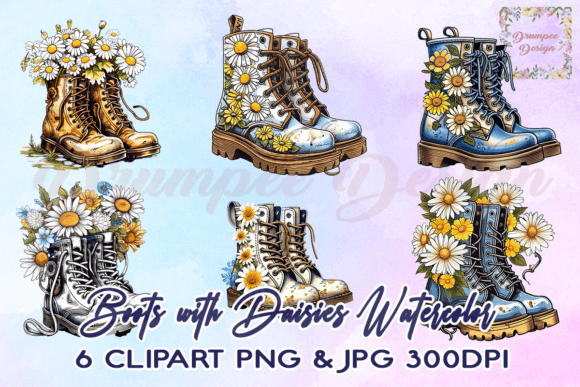 Download Boots with Daisies Watercolor Clipart - Daisies Collection
